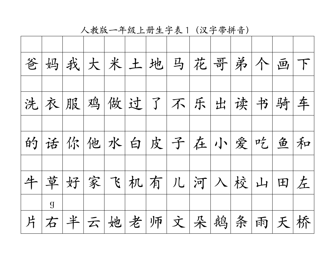 人教一年级上册生字表汉字带拼音