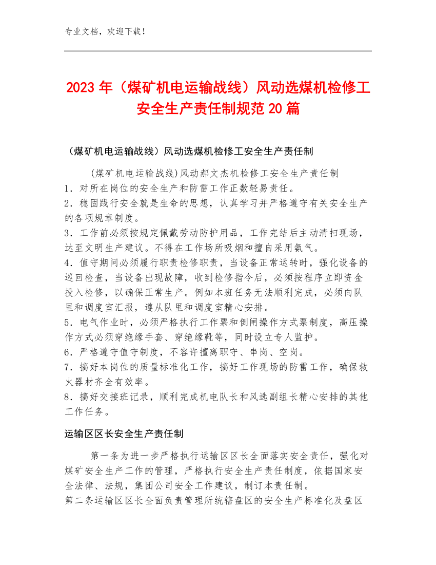 2023年（煤矿机电运输战线）风动选煤机检修工安全生产责任制规范20篇