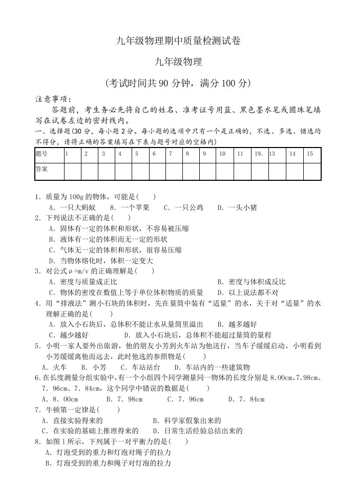 人教版九年级物理期中质量检测试卷