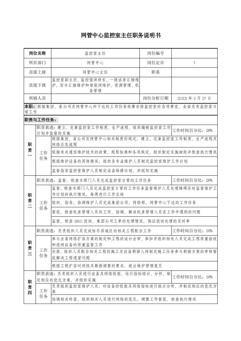 岗位职责-材料行业网管中心监控室主任岗位说明书