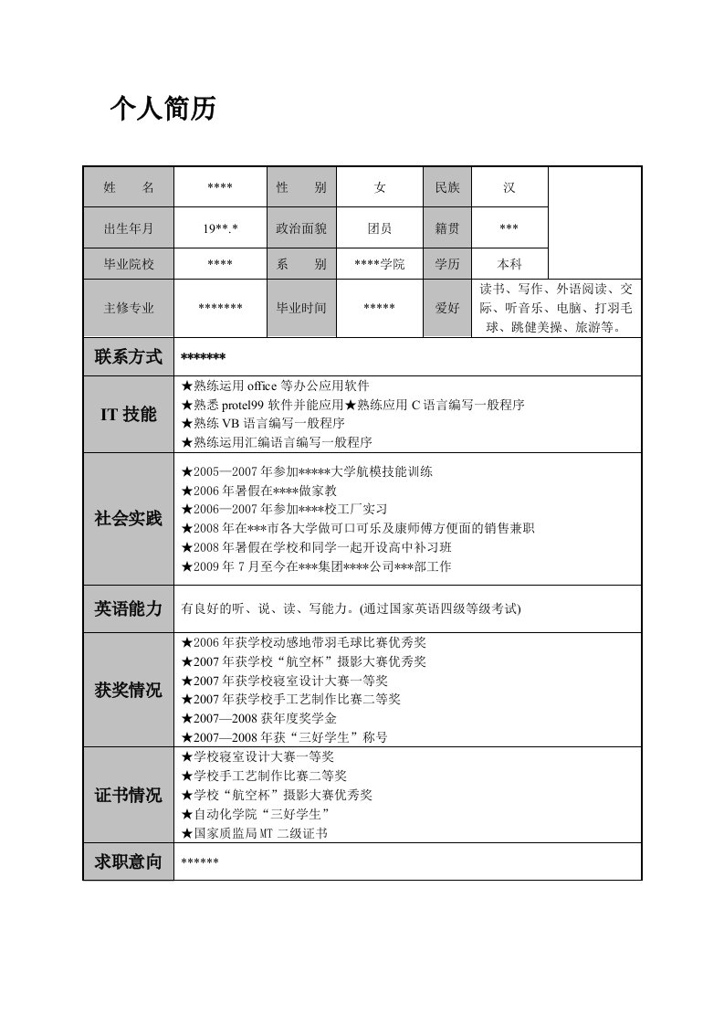 个人求职招聘面试简历