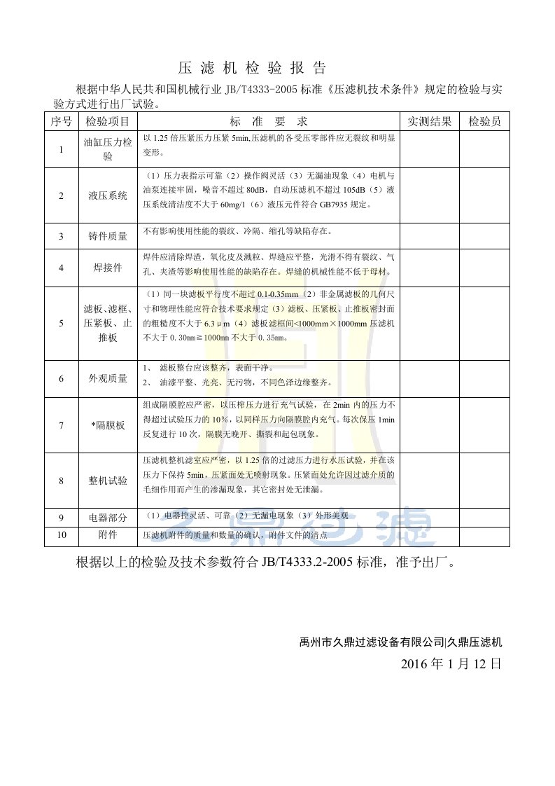 压滤机出厂检验报告