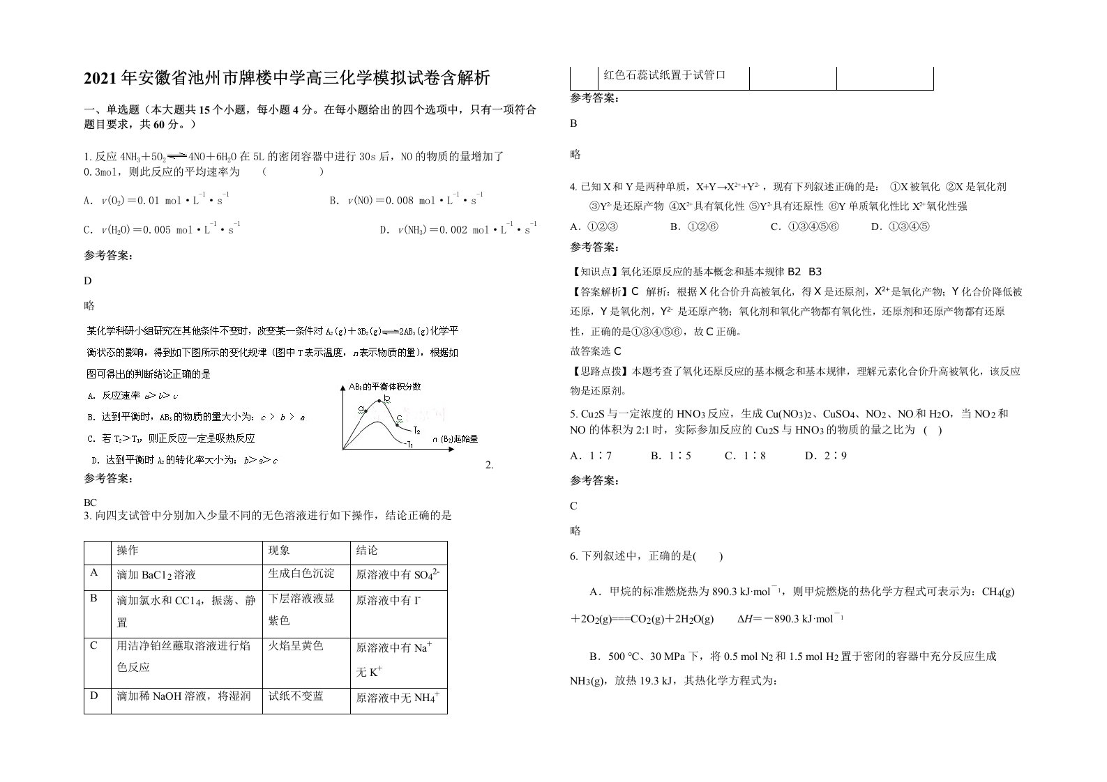 2021年安徽省池州市牌楼中学高三化学模拟试卷含解析