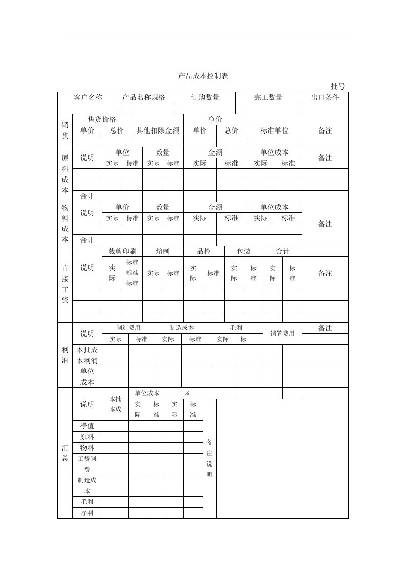 【管理精品】产品成本控制表