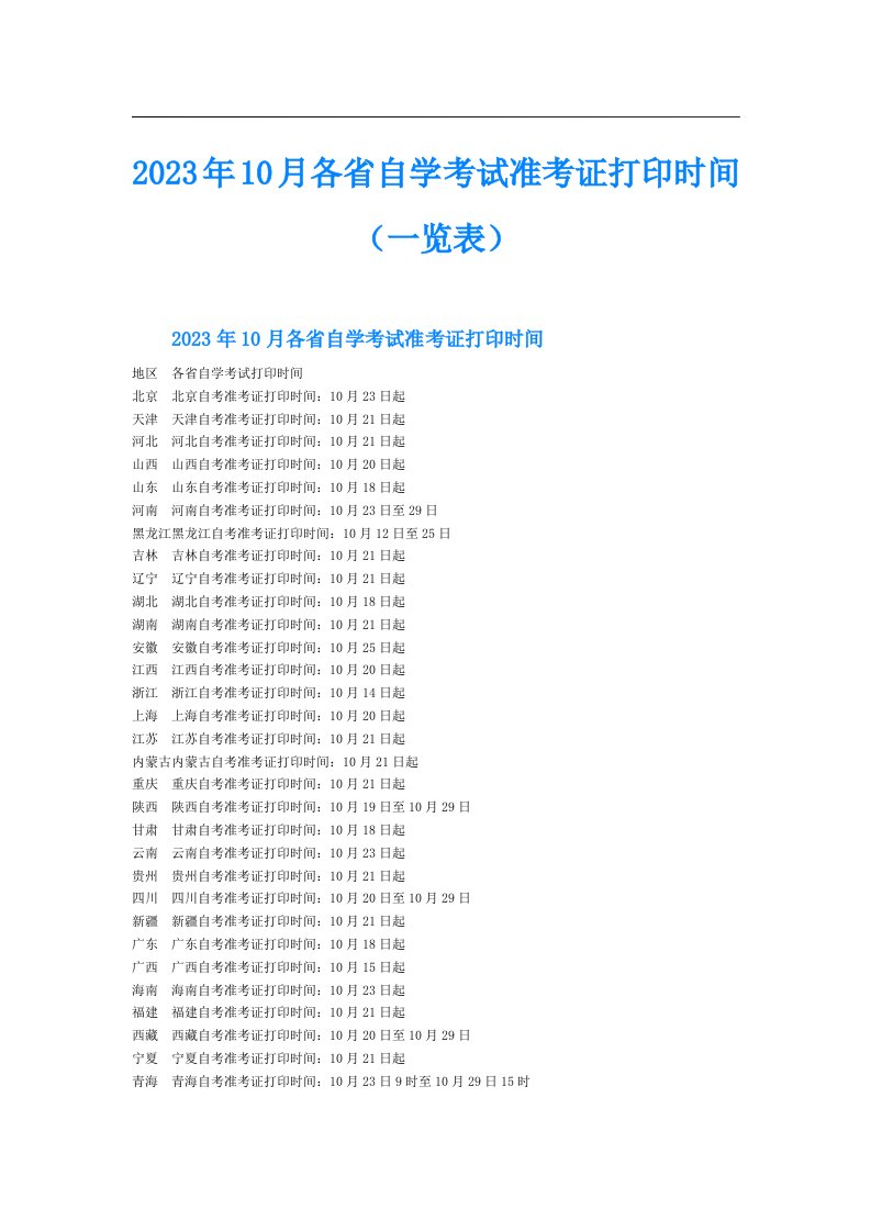 10月各省自学考试准考证打印时间（一览表）