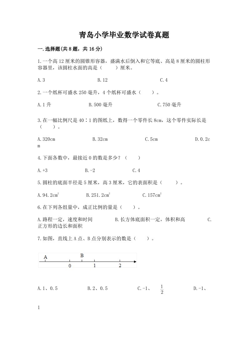 青岛小学毕业数学试卷真题word版