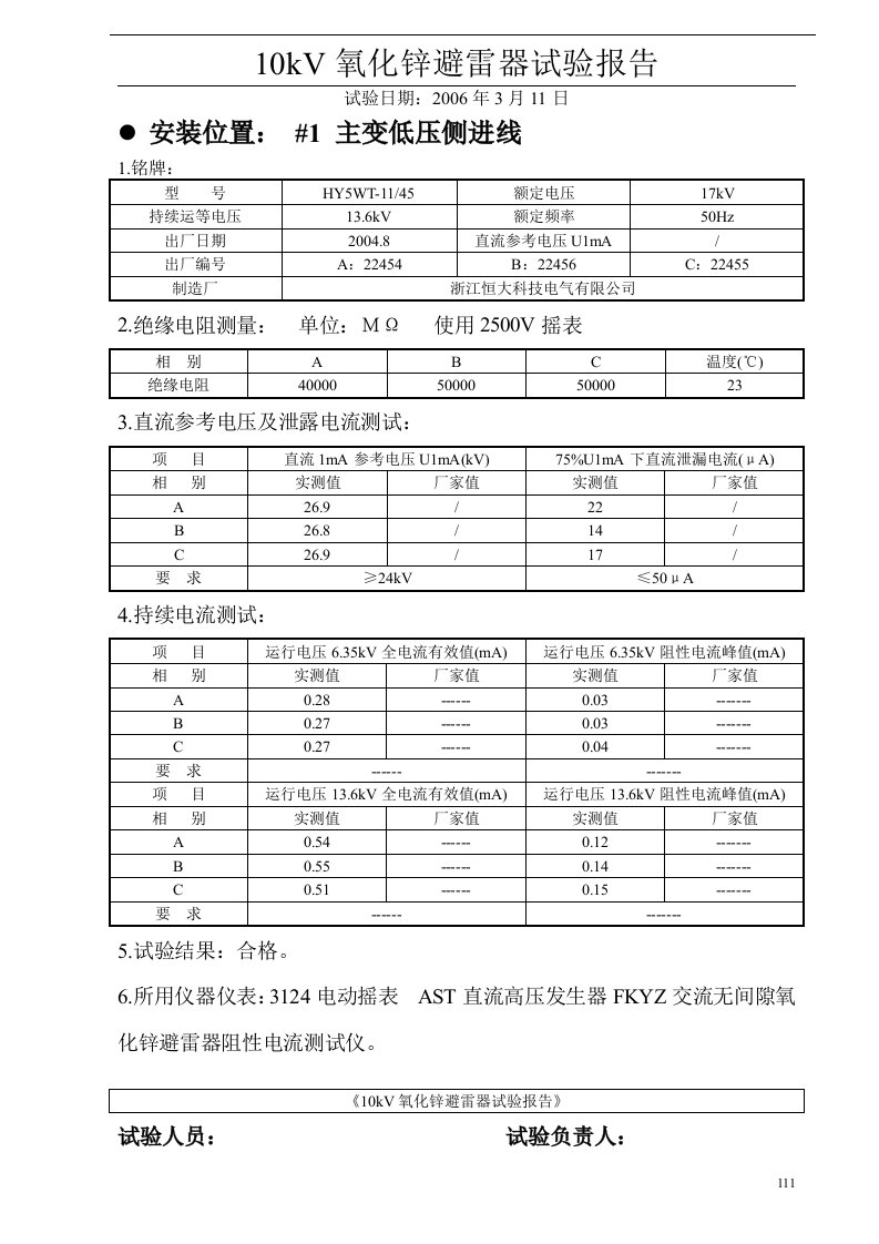 10kV氧化锌避雷器试验报告111-114