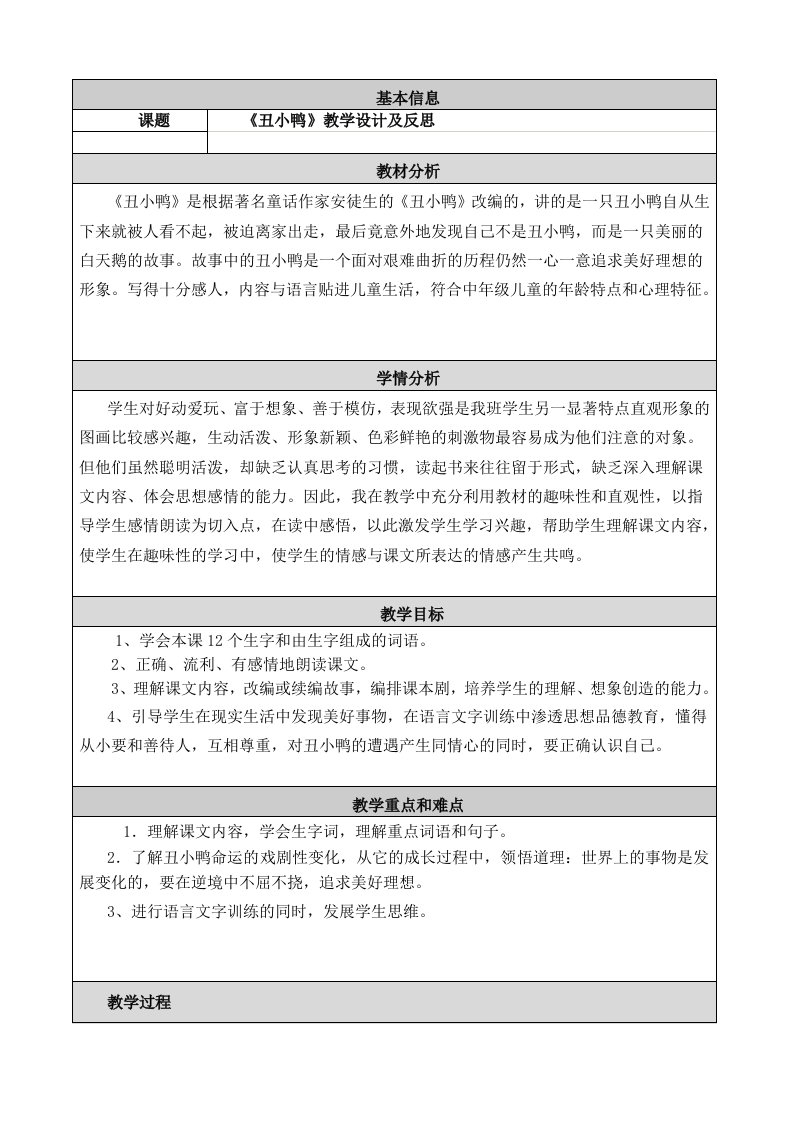 《丑小鸭》教学设计与反思