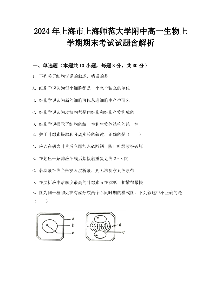 2024年上海市上海师范大学附中高一生物上学期期末考试试题含解析