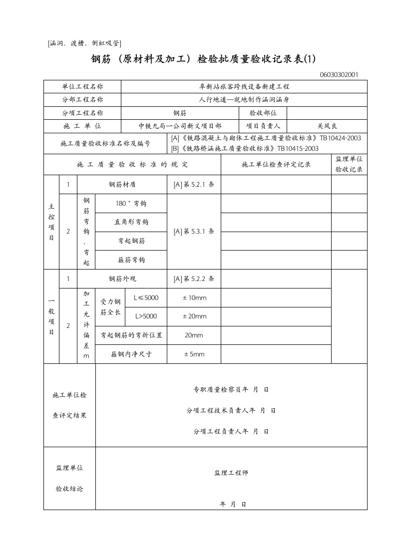 涵洞、渡槽、倒虹吸管]钢筋(原材料及加工)检验批质量验收记录表[汇总