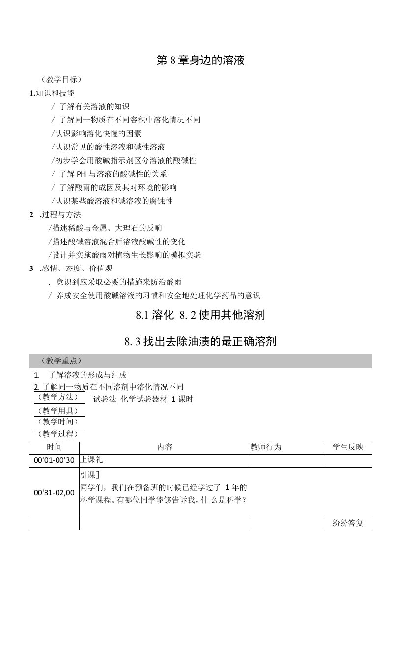 初一科学教案：身边的溶液