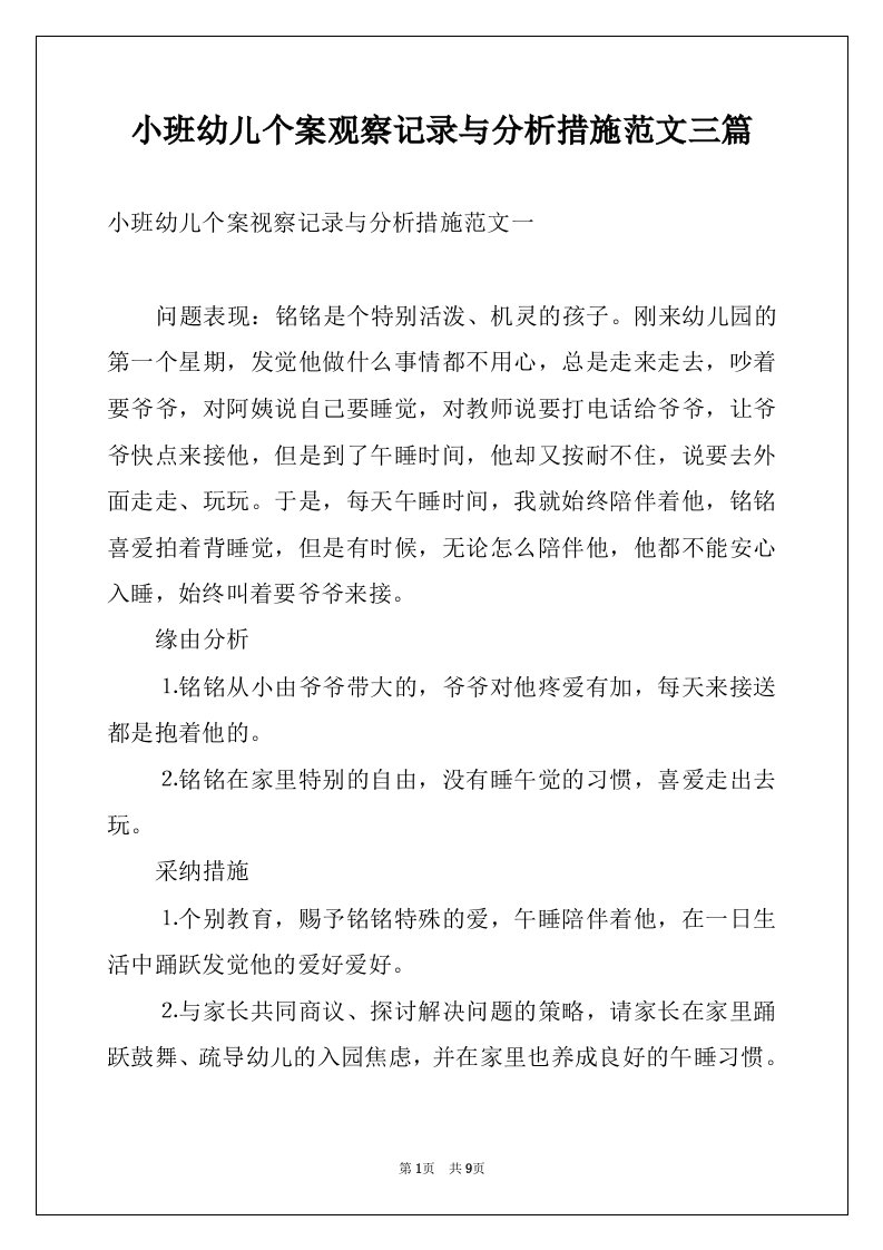 小班幼儿个案观察记录与分析措施范文三篇