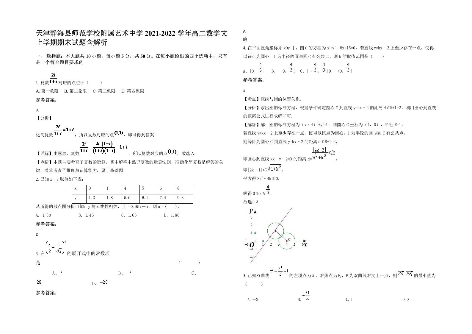 天津静海县师范学校附属艺术中学2021-2022学年高二数学文上学期期末试题含解析