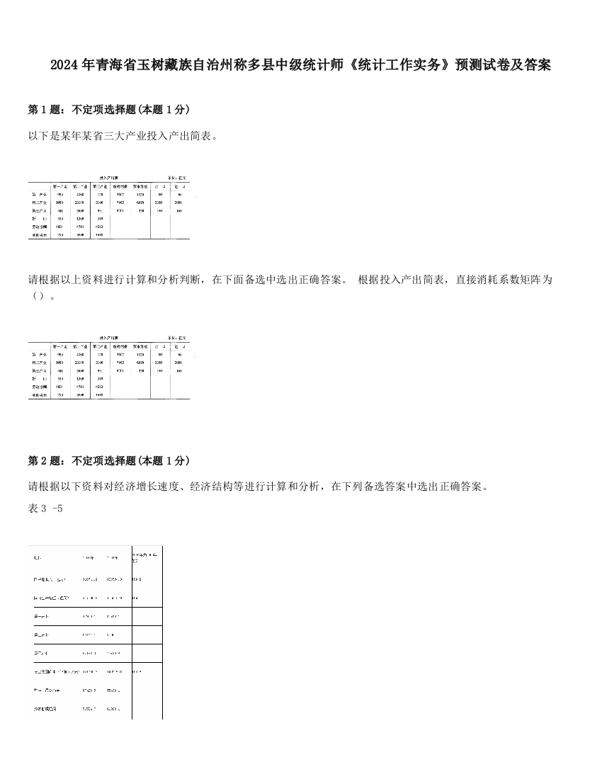 2024年青海省玉树藏族自治州称多县中级统计师《统计工作实务》预测试卷及答案