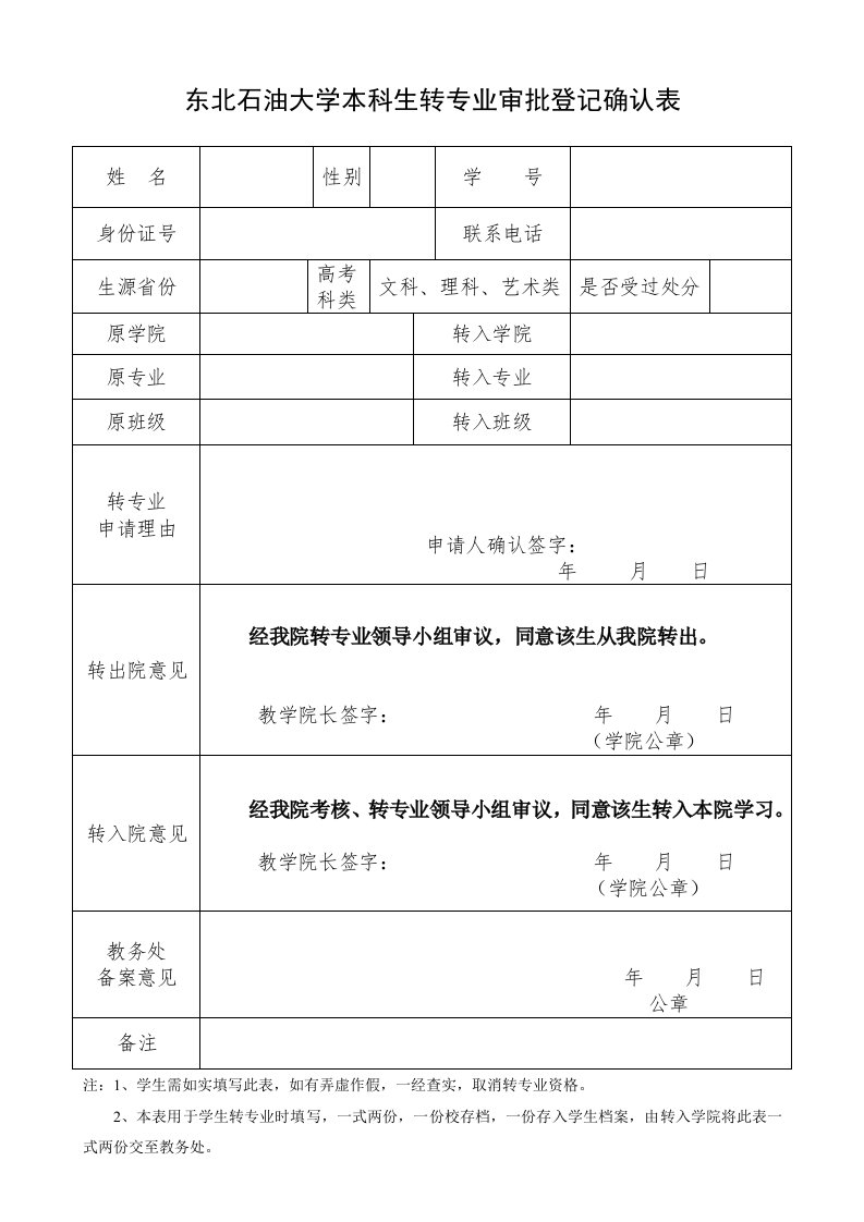 东北石油大学本科生转专业审批登记确认表