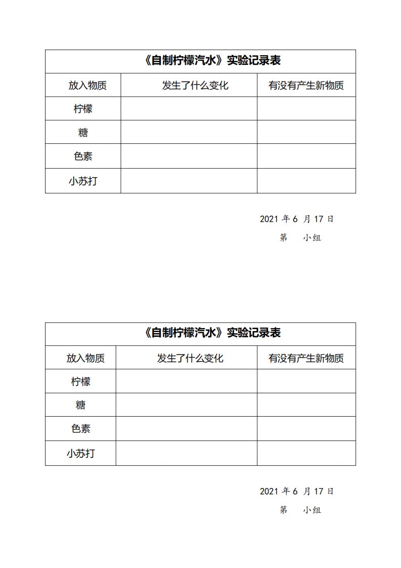 六上《制作汽水》实验记录表