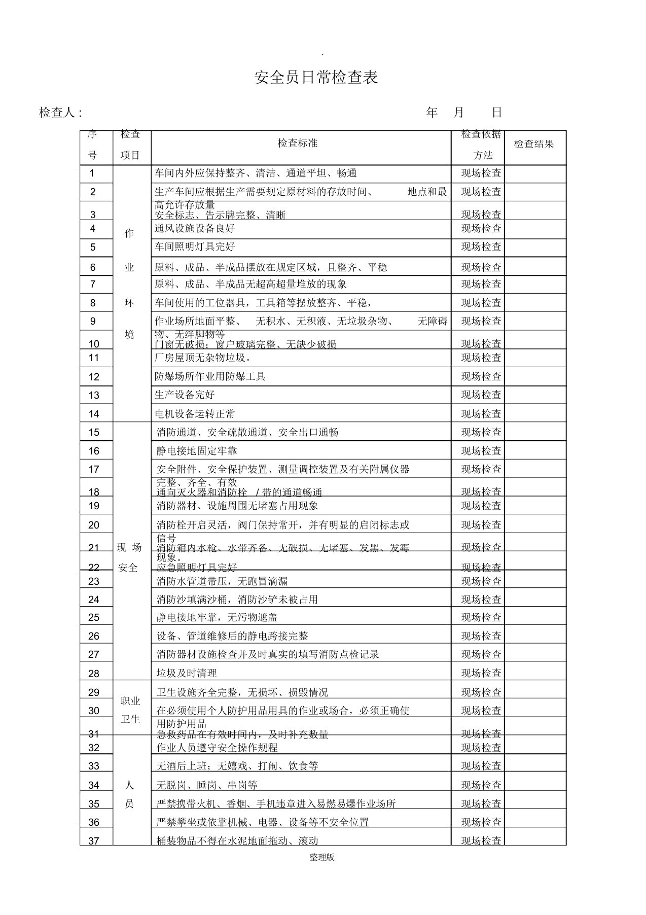 安全员日常检查表