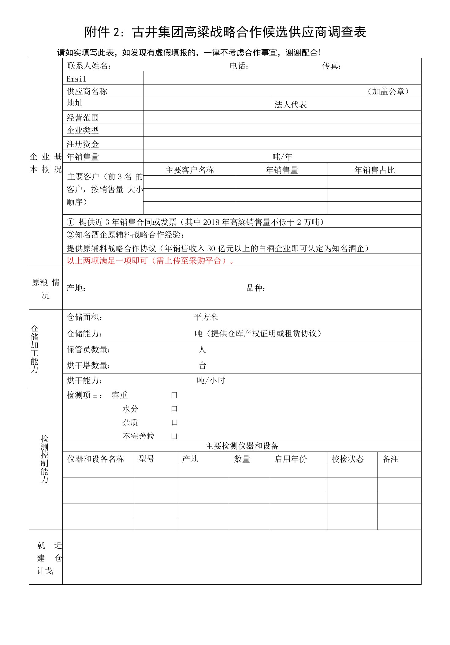 古井集团高粱战略合作候选供应商调查表