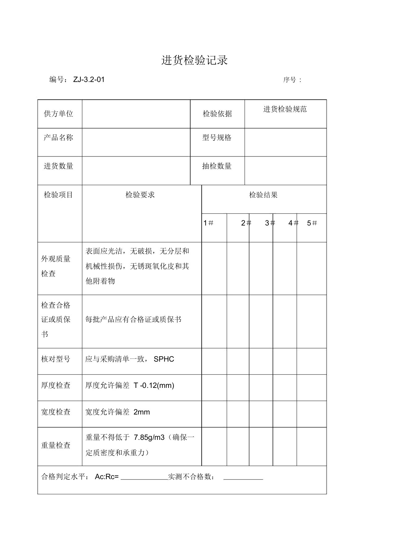 钢板进货检验记录