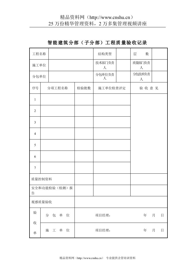 智能建筑分部（子分部）工程质量验收记录