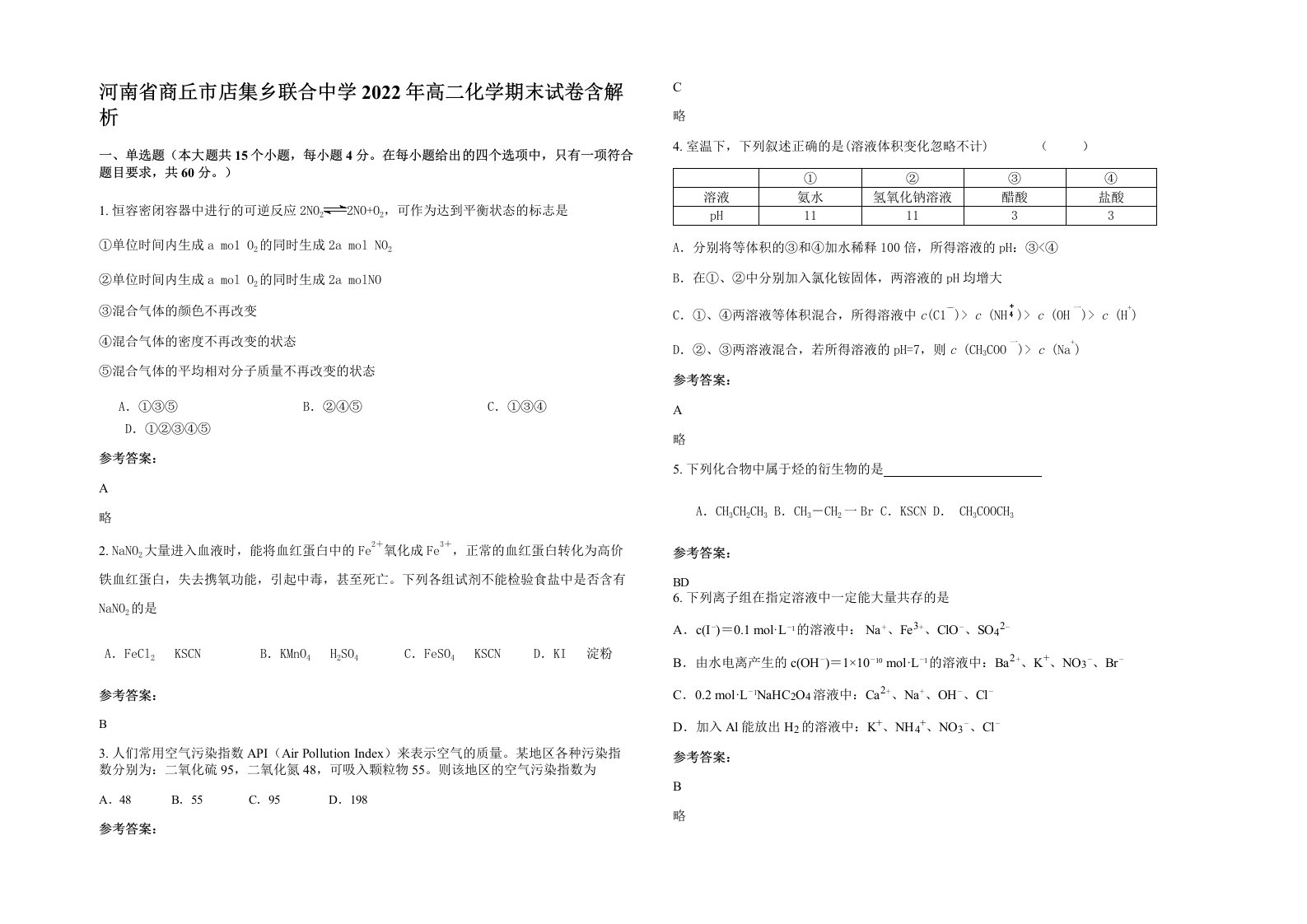 河南省商丘市店集乡联合中学2022年高二化学期末试卷含解析