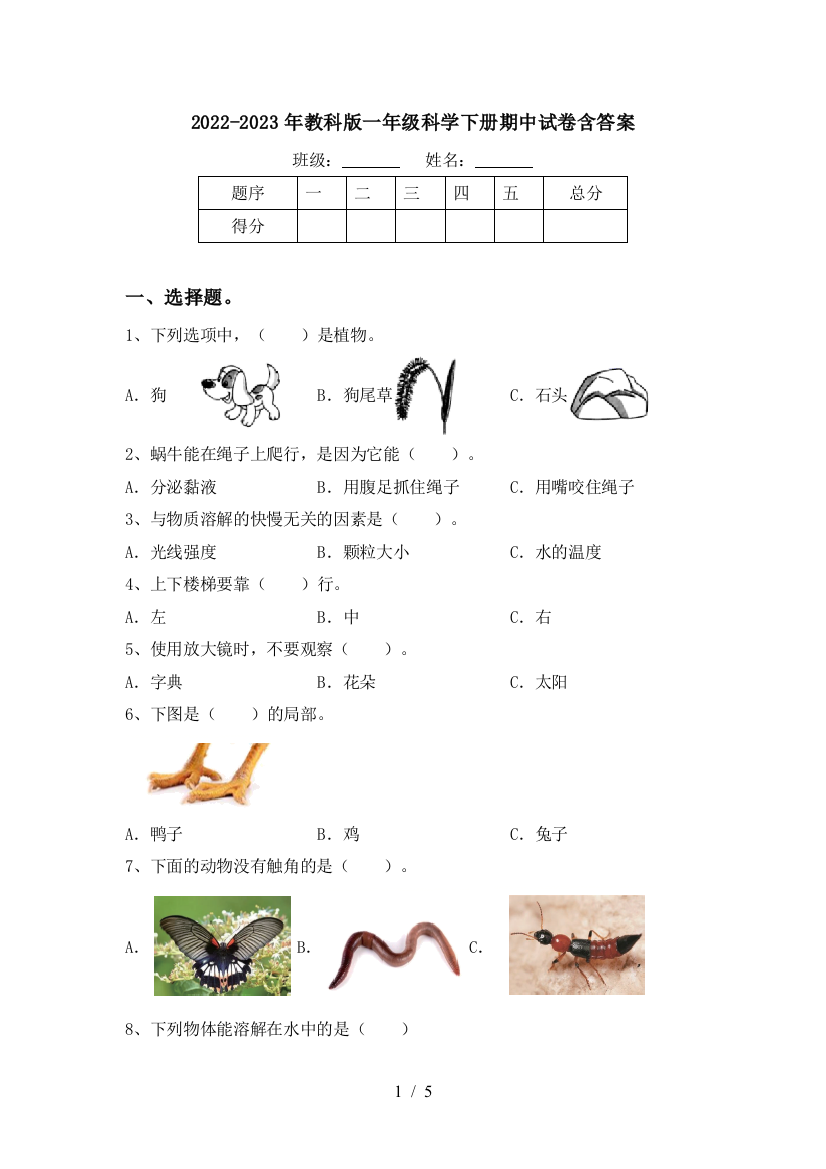 2022-2023年教科版一年级科学下册期中试卷含答案