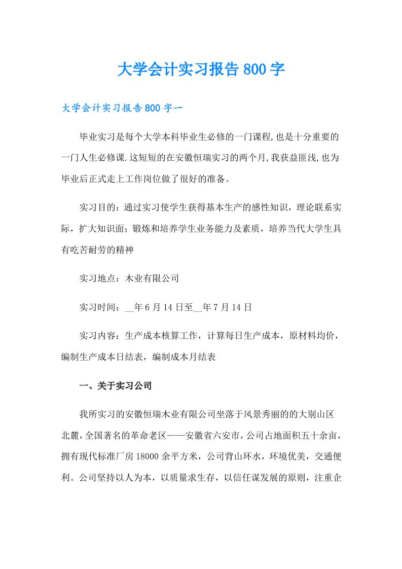 大学会计实习报告800字