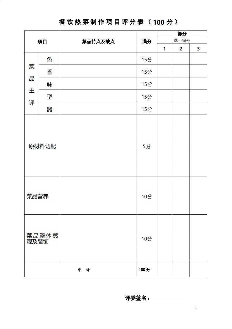 热菜制作与切配评分表