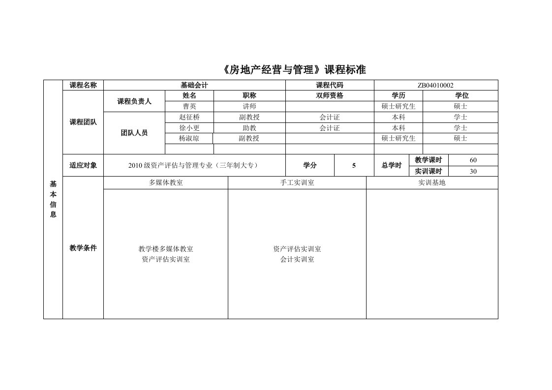 房地产经营与管理课程标准