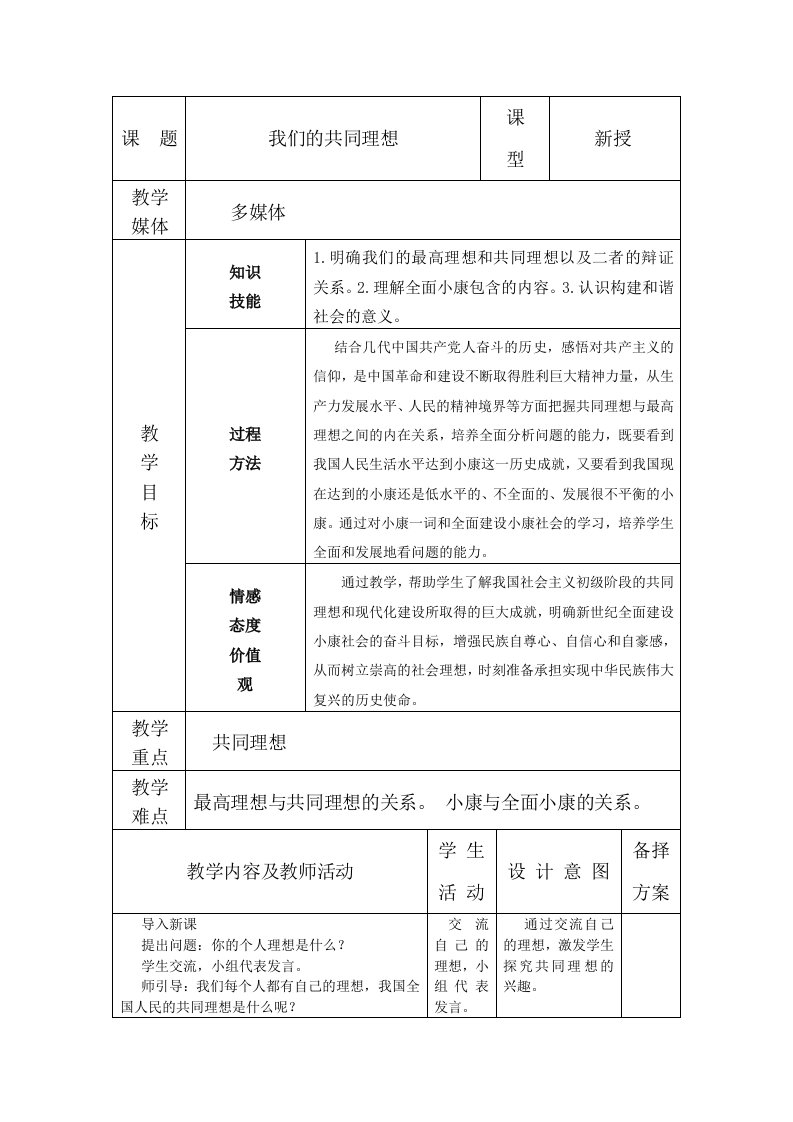 九年级第四单元表格式教案