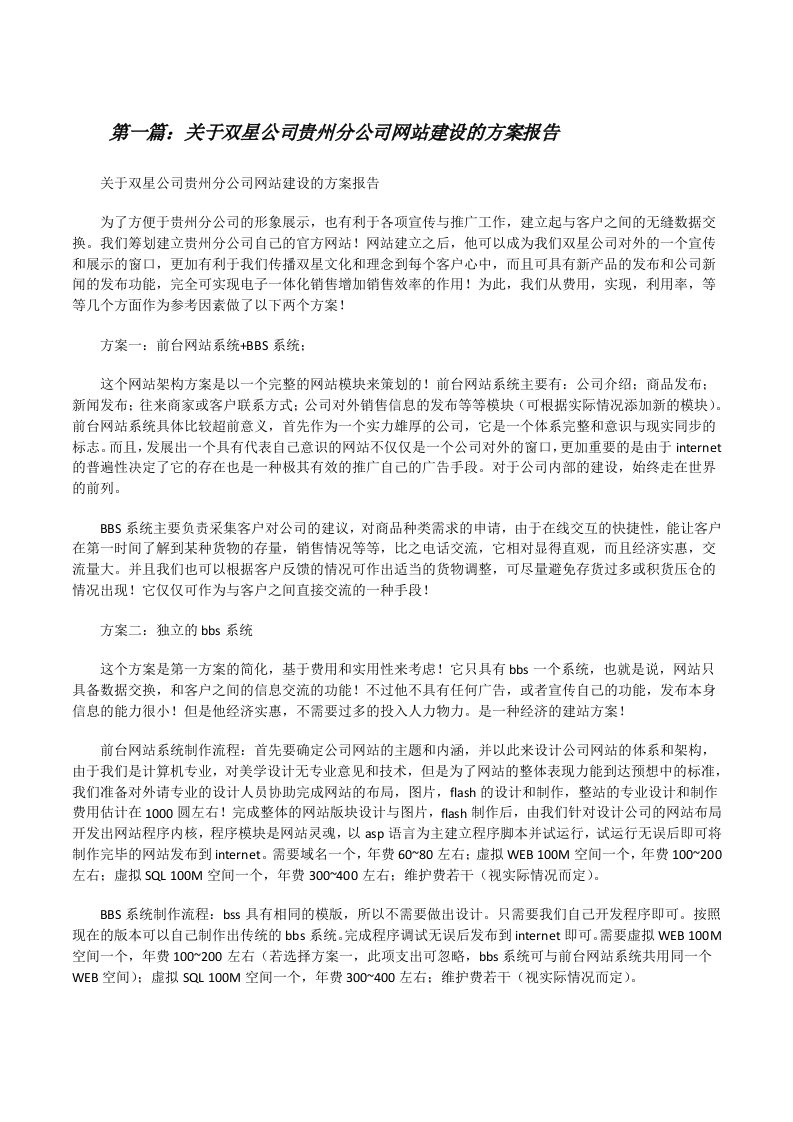 关于双星公司贵州分公司网站建设的方案报告[修改版]