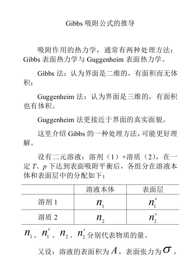 Gibbs吸附公式的推导