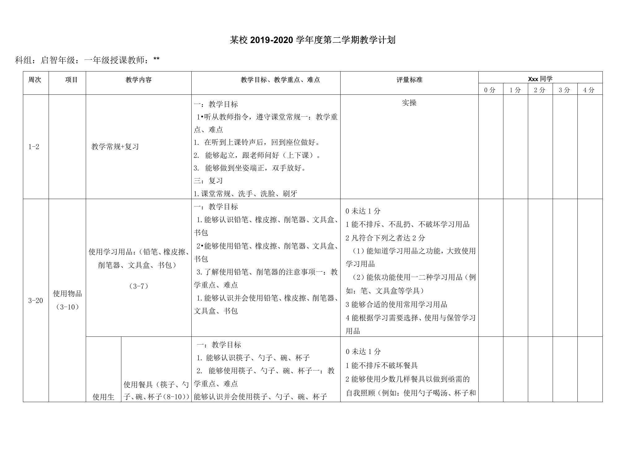 培智1~5年级劳动技能学期教学计划