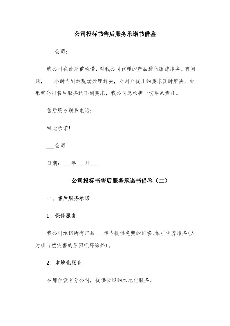 公司投标书售后服务承诺书借鉴