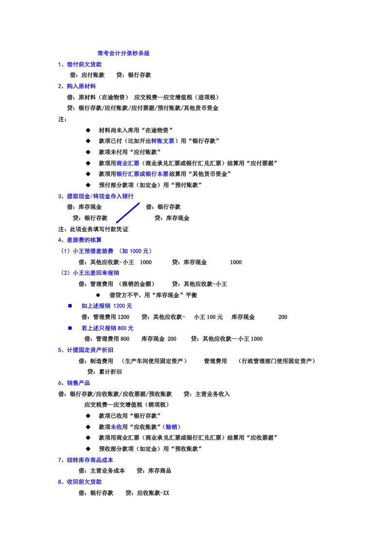 会计从业资格证基本会计分录