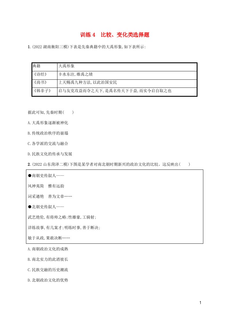 老高考新教材适用2023版高考历史专题二轮复习题型强化练4比较变化类选择题