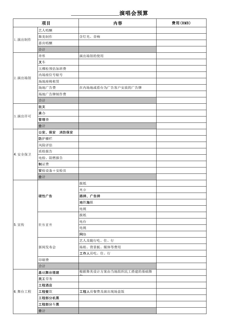 演出预算表模板