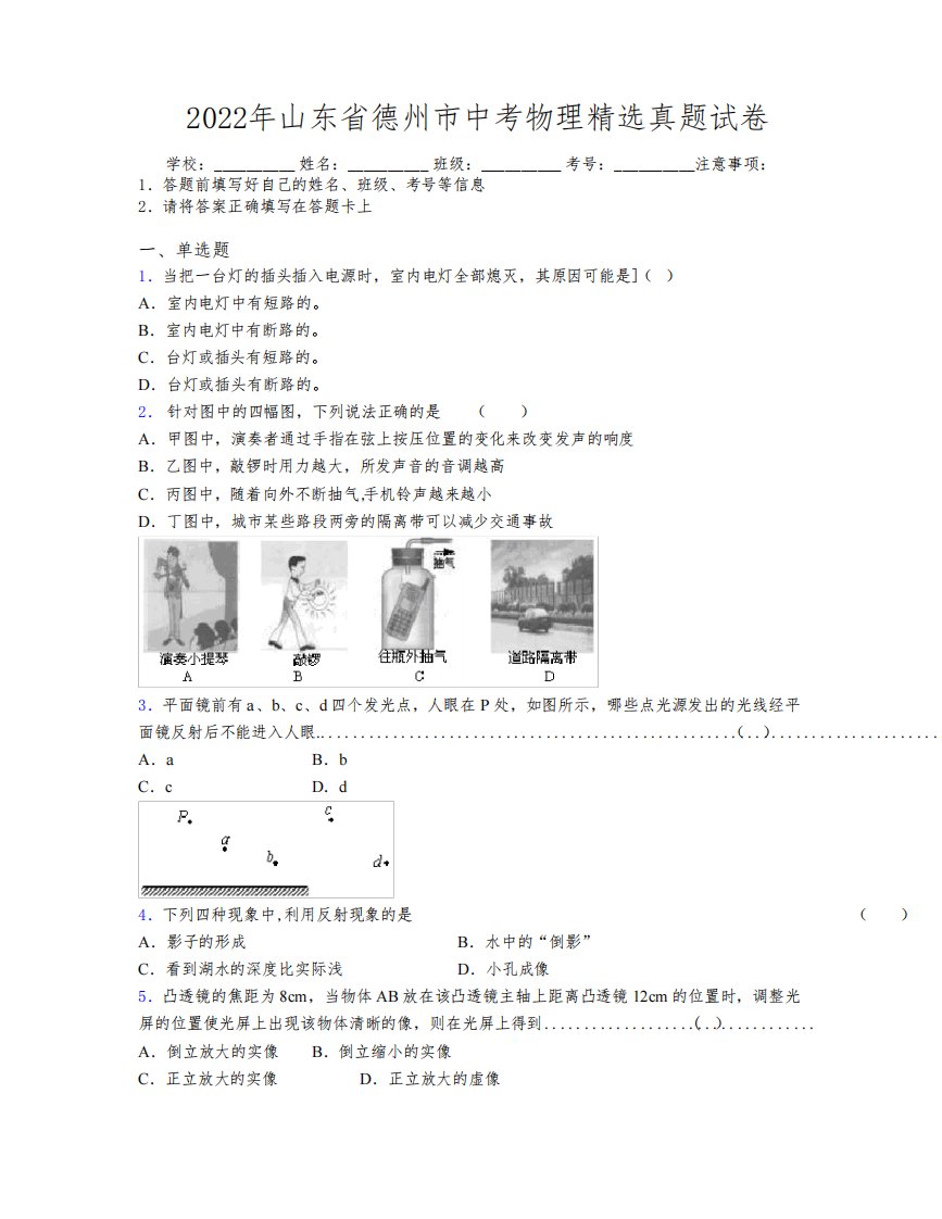 2022年山东省德州市中考物理精选真题试卷及解析