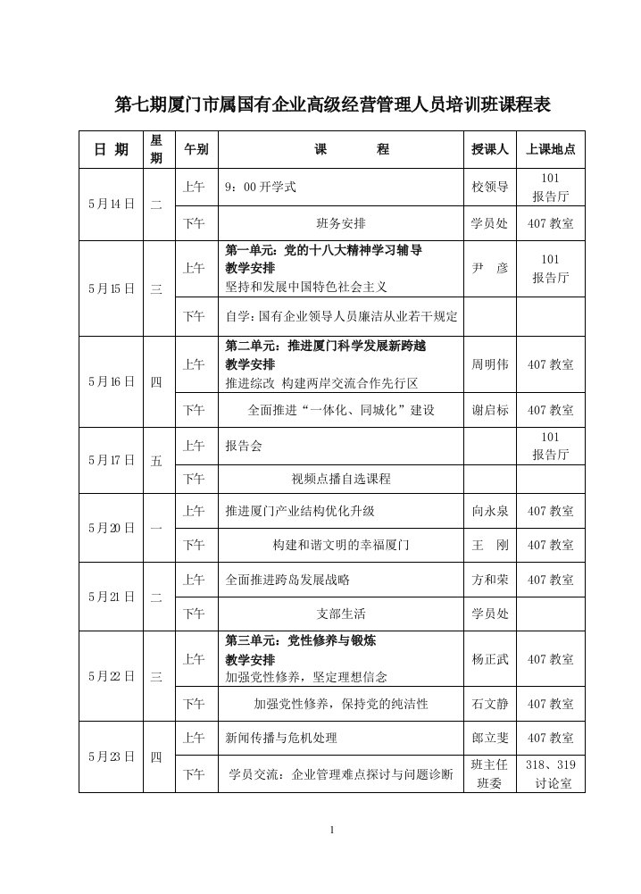 第七期厦门市属国有企业高级经营管理人员培训班课程表