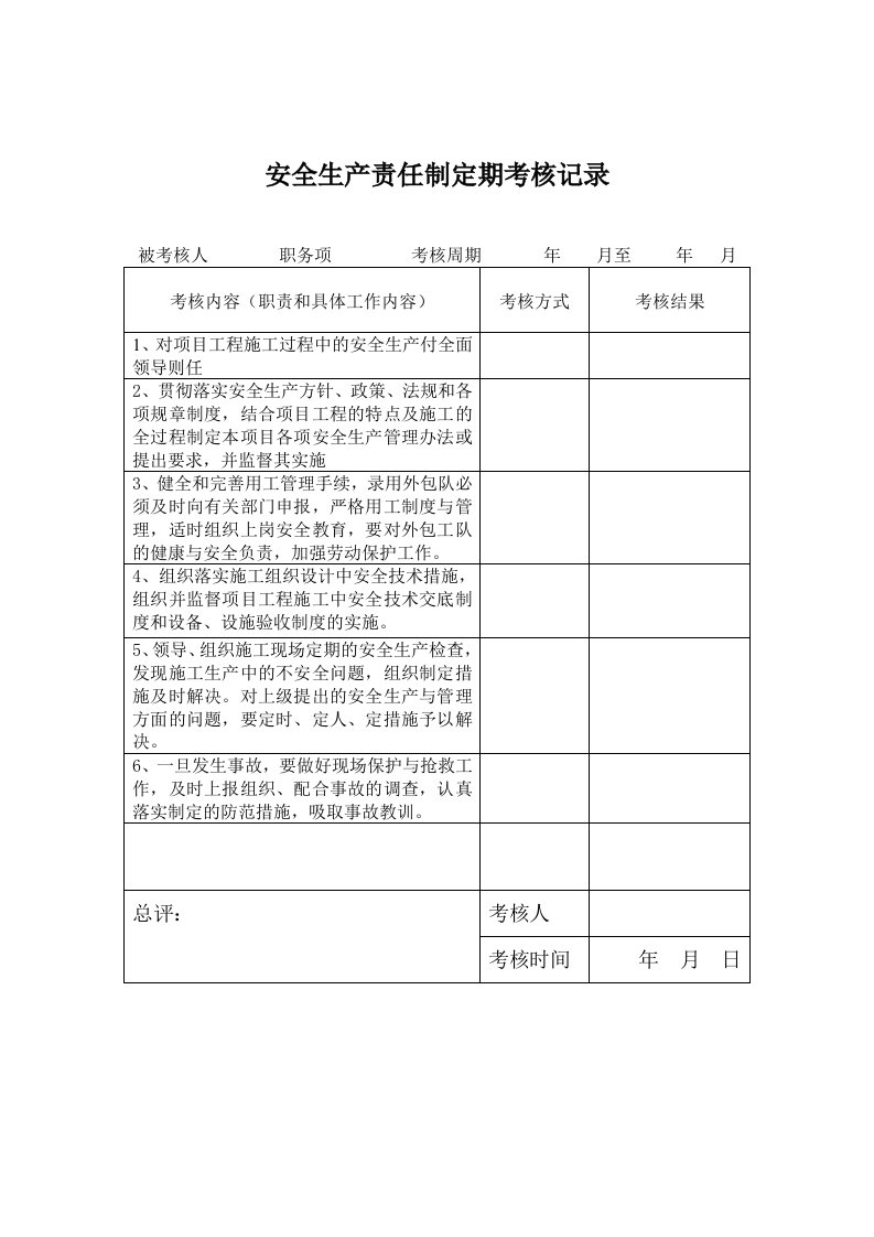 安全责任制定期考核记录