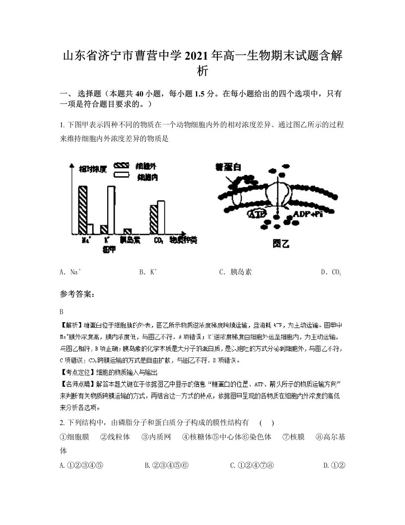 山东省济宁市曹营中学2021年高一生物期末试题含解析