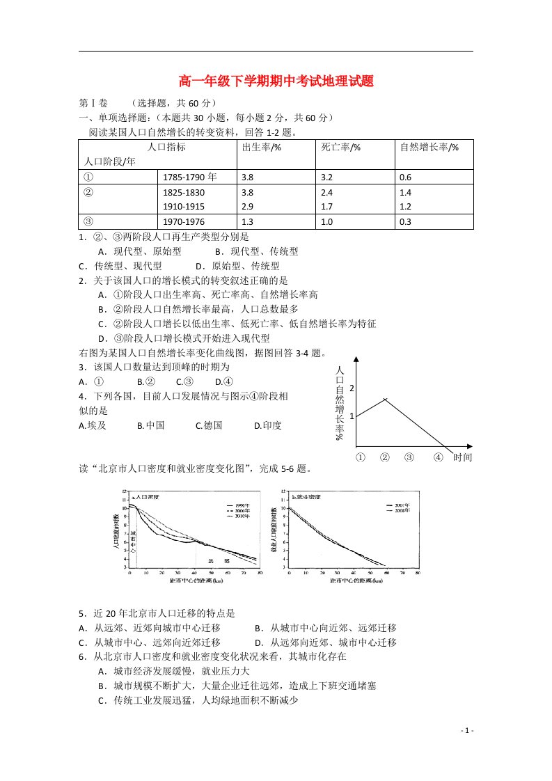 河南省郑州市第一中学高一地理下学期期中试题