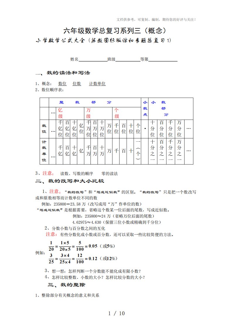 小学六年级数学总复习题库(概念)