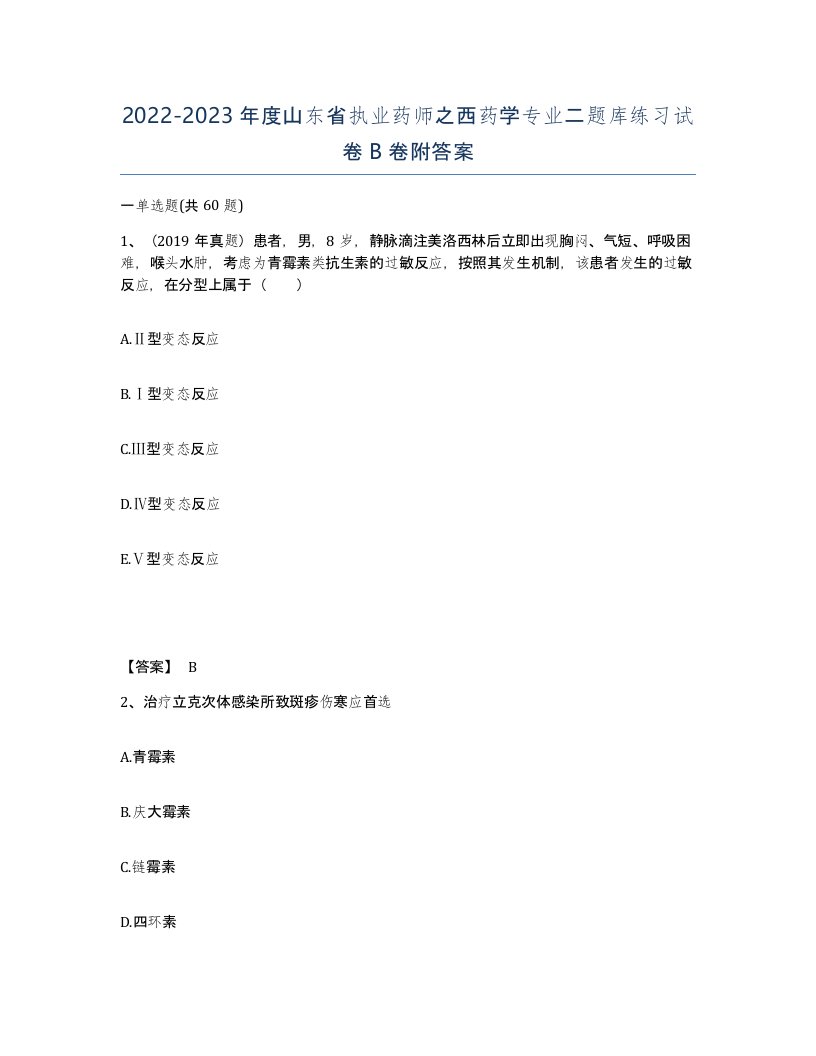 2022-2023年度山东省执业药师之西药学专业二题库练习试卷B卷附答案