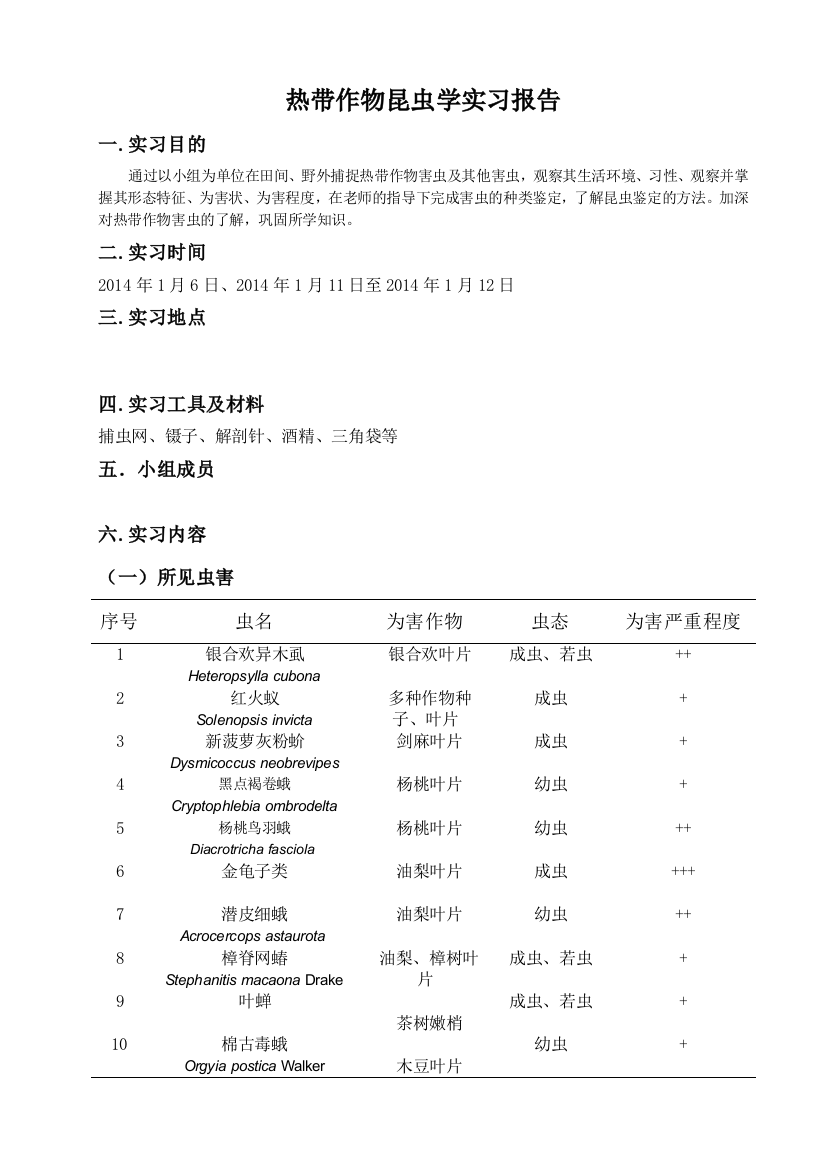 热带作物昆虫学实习报告