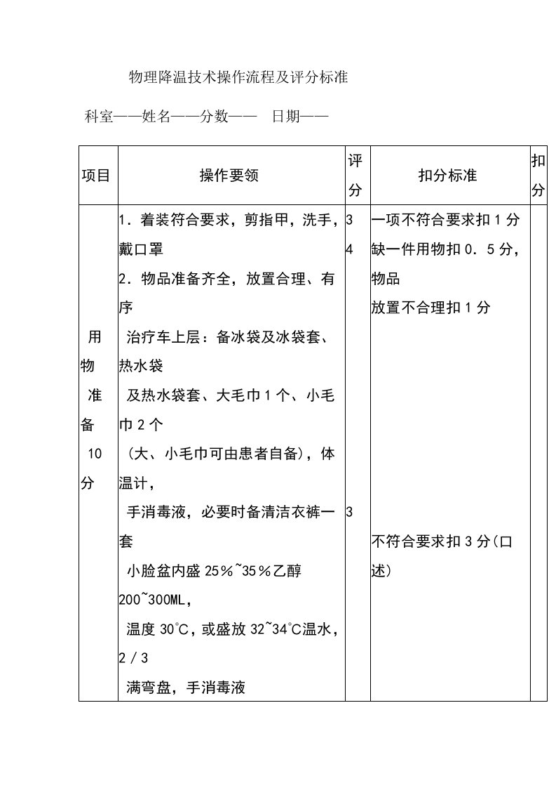 物理降温技术操作流程及评分标准