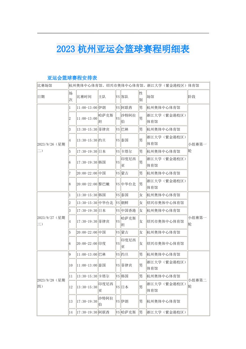 杭州亚运会篮球赛程明细表