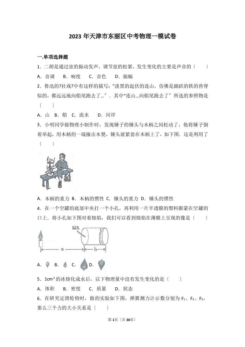 2023年天津市东丽区中考物理一模试卷(解析版)