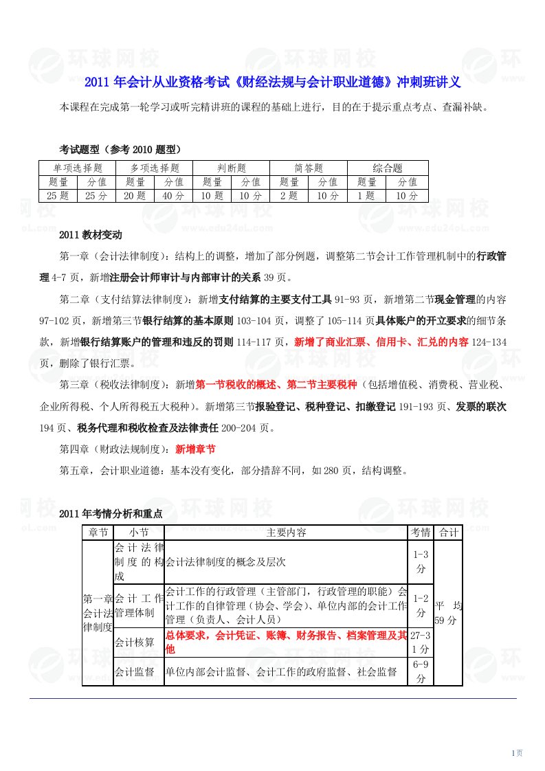 2011年会计从业资格考试《财经法规与会计职业道德》冲刺班讲义