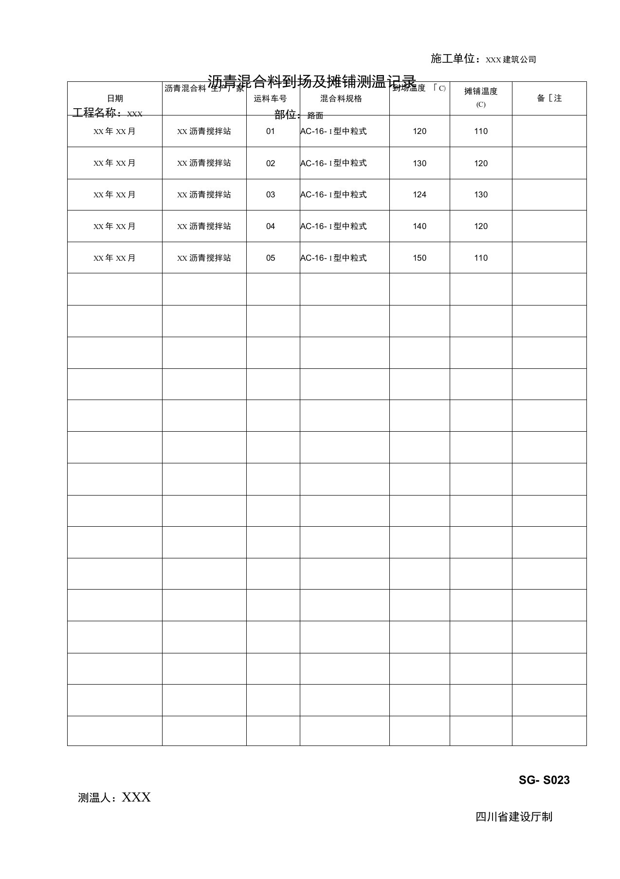 沥青混合料到场及摊铺测温记录